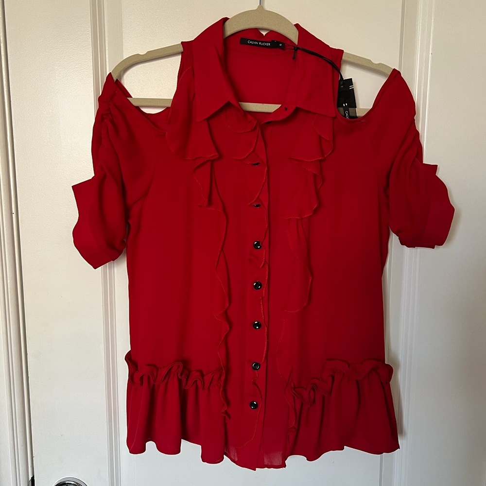 Calvin Rucker Be Near Me Cold Shoulder Ruffle Top - Picture 5 of 9